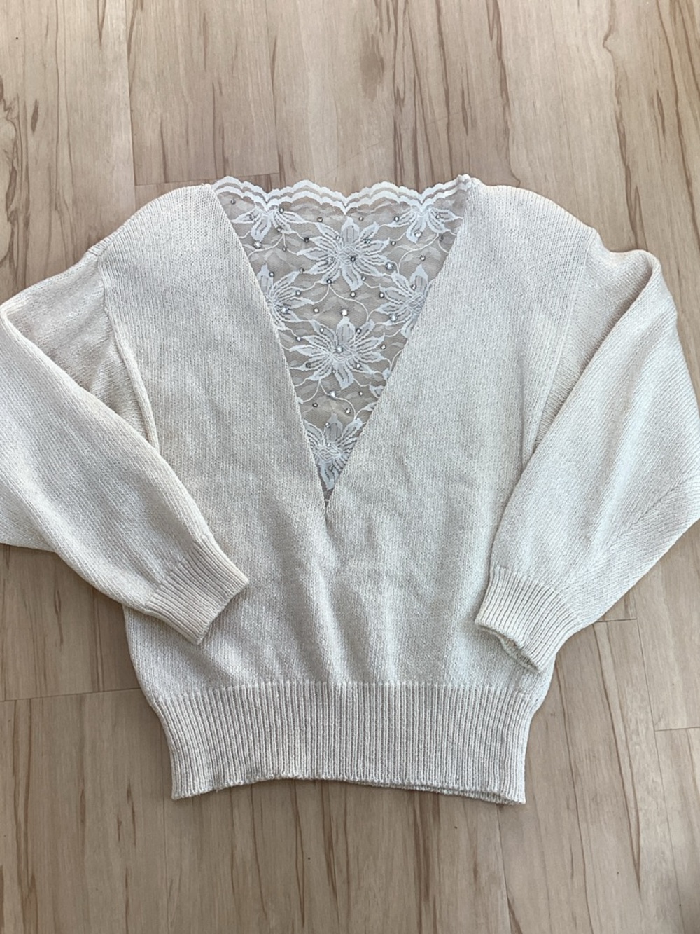 Vintage Ivory Cream Crystal Embellished Lace Insert V-Neck Knit Sweater Romantic